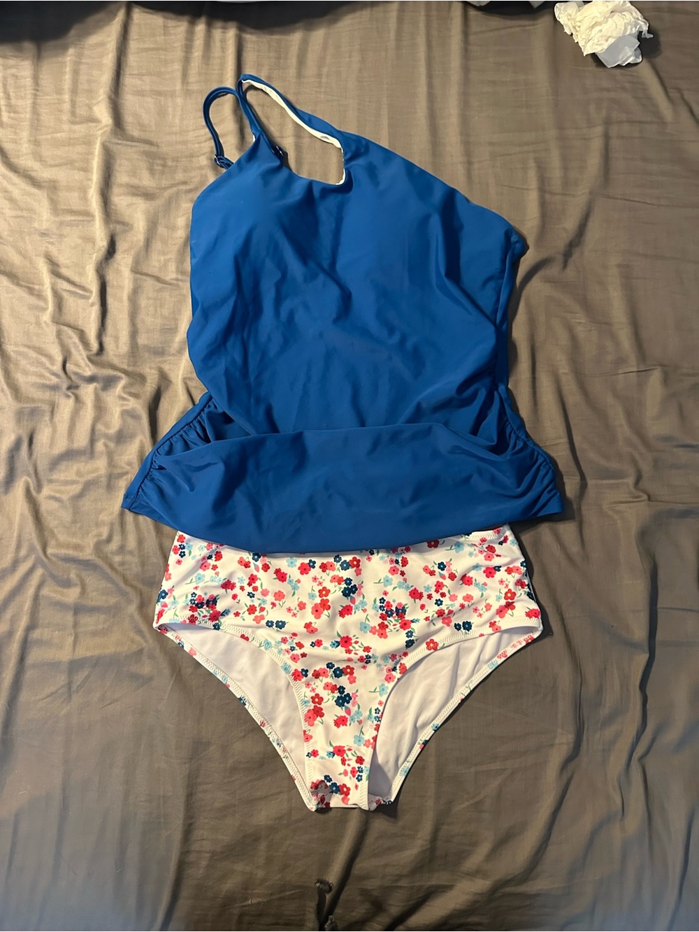 Blue one shoulder Two-Piece Tankini with Floral High-Waist Bottoms